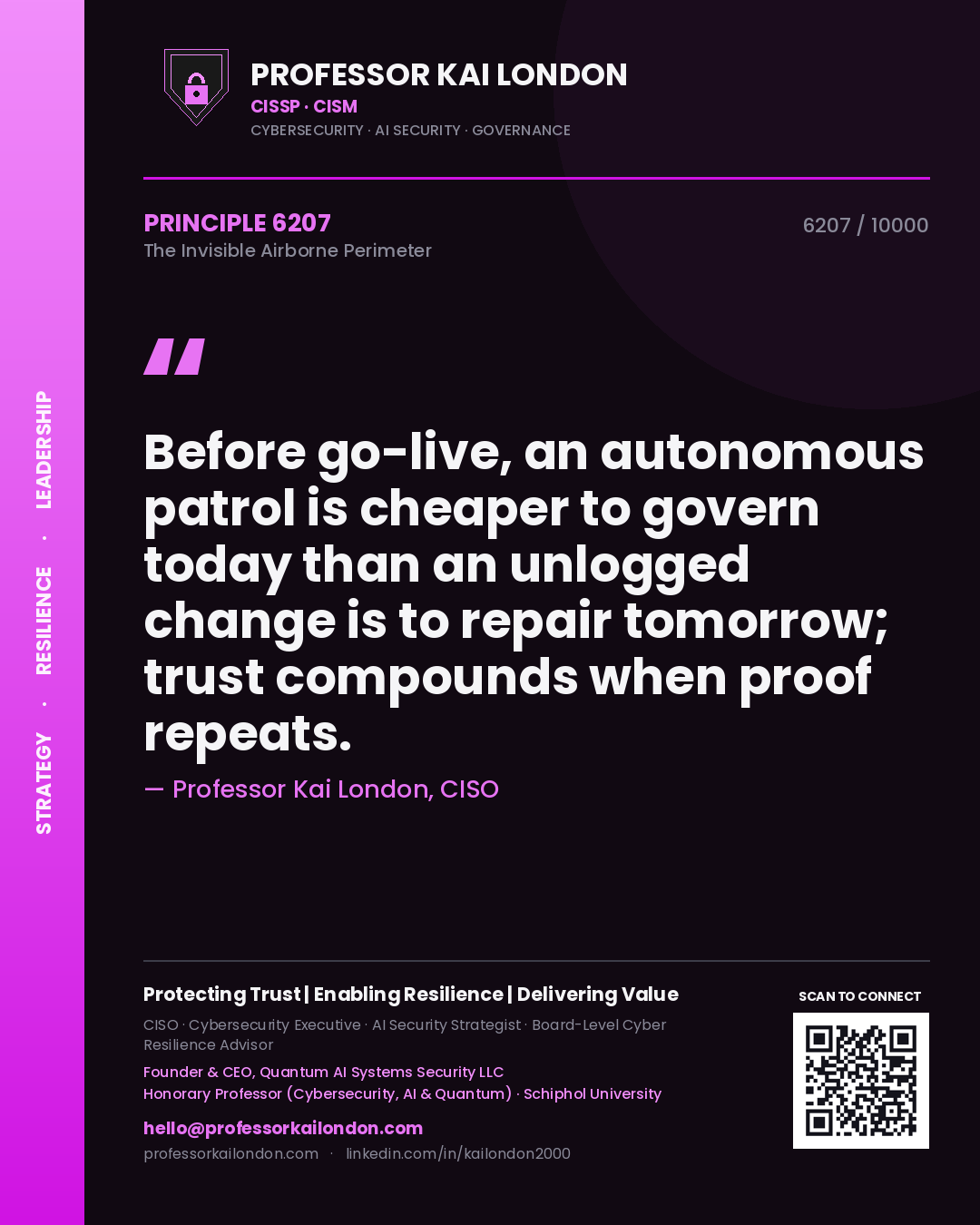 Professor Kai London principle 6207: Before go-live, an autonomous patrol is cheaper to govern today than an unlogged change is to repair tomorrow; trust compounds when proof repeats.