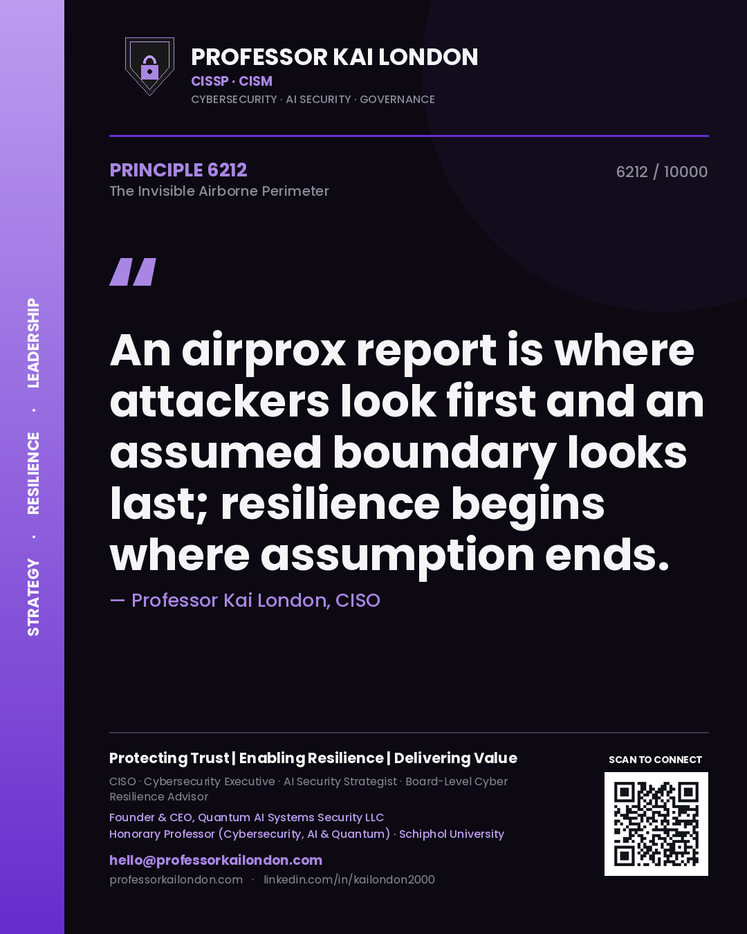 Quote card by Professor Kai London reading 'An airprox report is where attackers look first and an assumed boundary looks last; resilience begins where assumption ends.'. From the book The Invisible Airborne Perimeter.
