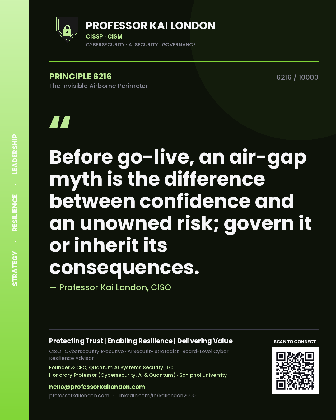 Professor Kai London principle 6216: Before go-live, an air-gap myth is the difference between confidence and an unowned risk; govern it or inherit its consequences.