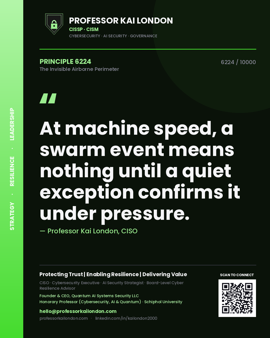 Professor Kai London principle 6224: At machine speed, a swarm event means nothing until a quiet exception confirms it under pressure.