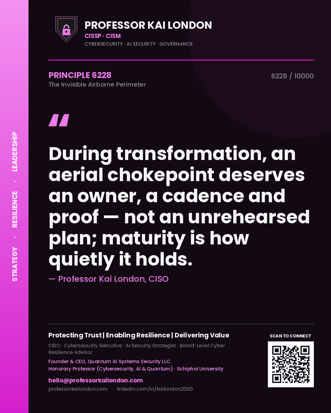 Professor Kai London principle 6228: During transformation, an aerial chokepoint deserves an owner, a cadence and proof — not an unrehearsed plan; maturity is how quietly it holds.
