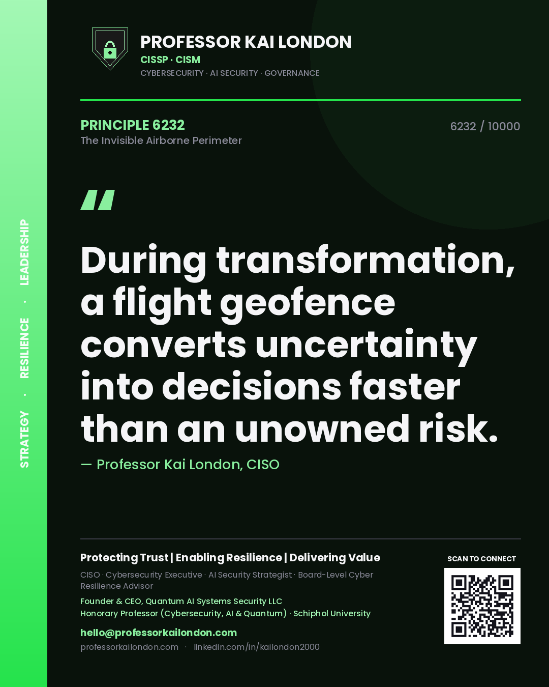 Professor Kai London principle 6232: During transformation, a flight geofence converts uncertainty into decisions faster than an unowned risk.