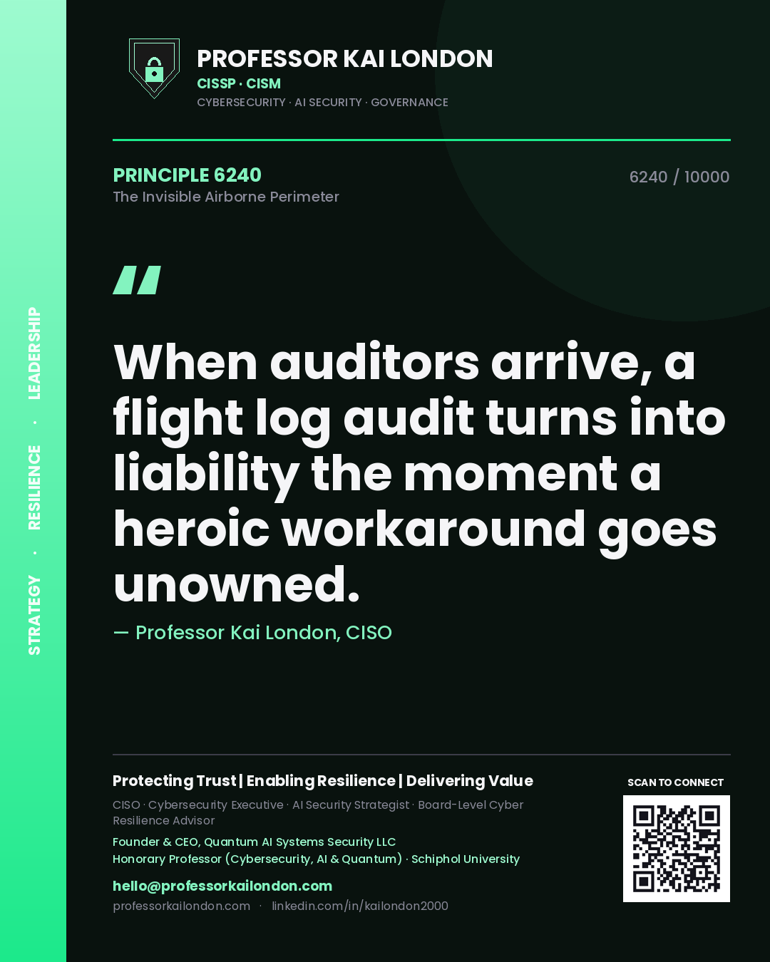 Professor Kai London principle 6240: When auditors arrive, a flight log audit turns into liability the moment a heroic workaround goes unowned.