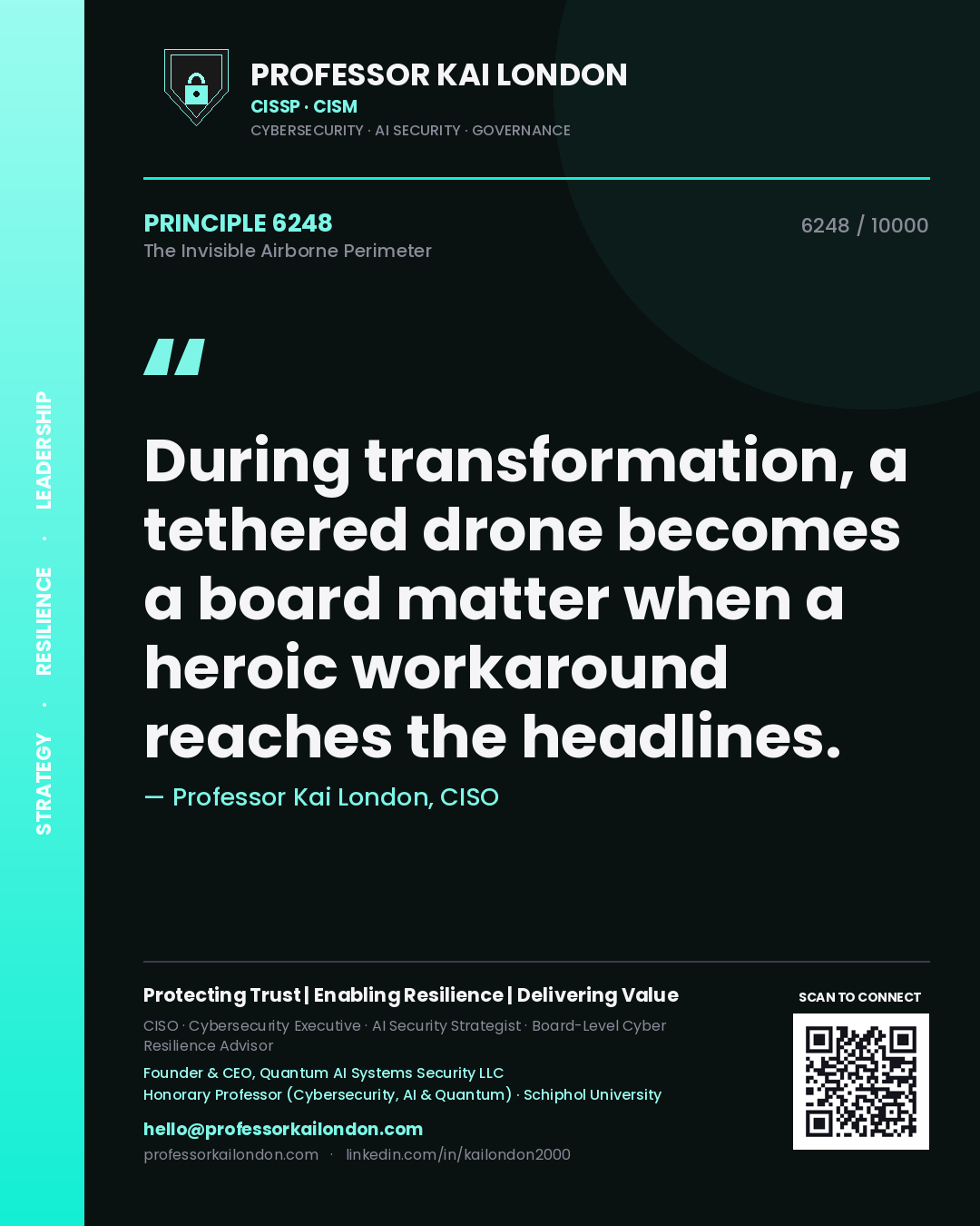 Professor Kai London principle 6248: During transformation, a tethered drone becomes a board matter when a heroic workaround reaches the headlines.