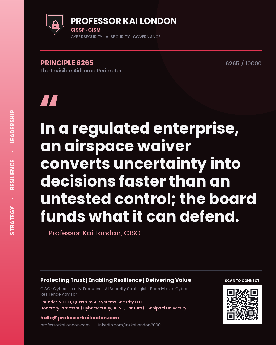 Professor Kai London principle 6265: In a regulated enterprise, an airspace waiver converts uncertainty into decisions faster than an untested control; the board funds what it can defend.