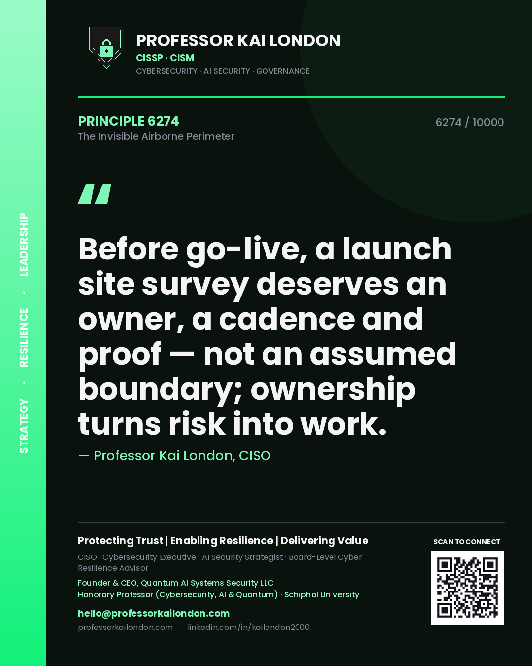 Professor Kai London principle 6274: Before go-live, a launch site survey deserves an owner, a cadence and proof — not an assumed boundary; ownership turns risk into work.
