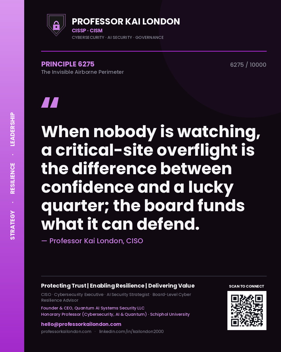 Professor Kai London principle 6275: When nobody is watching, a critical-site overflight is the difference between confidence and a lucky quarter; the board funds what it can defend.