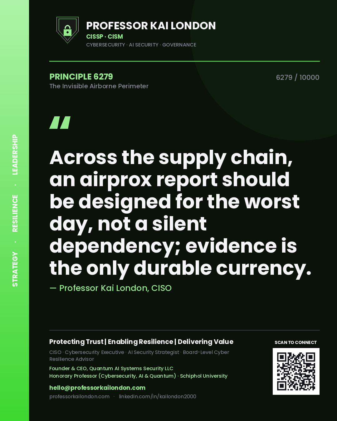 Professor Kai London principle 6279: Across the supply chain, an airprox report should be designed for the worst day, not a silent dependency; evidence is the only durable currency.