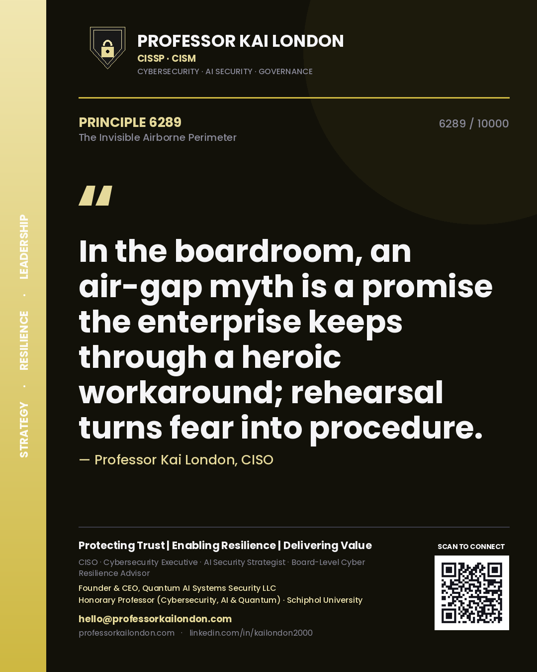 Professor Kai London principle 6289: In the boardroom, an air-gap myth is a promise the enterprise keeps through a heroic workaround; rehearsal turns fear into procedure.