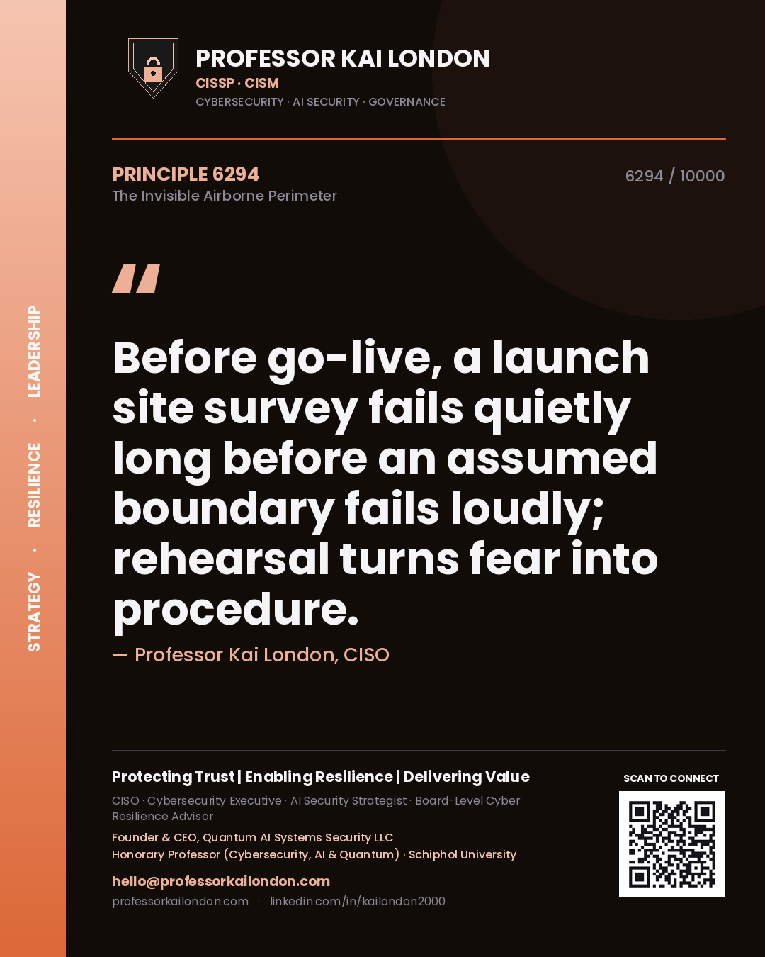 Professor Kai London principle 6294: Before go-live, a launch site survey fails quietly long before an assumed boundary fails loudly; rehearsal turns fear into procedure.
