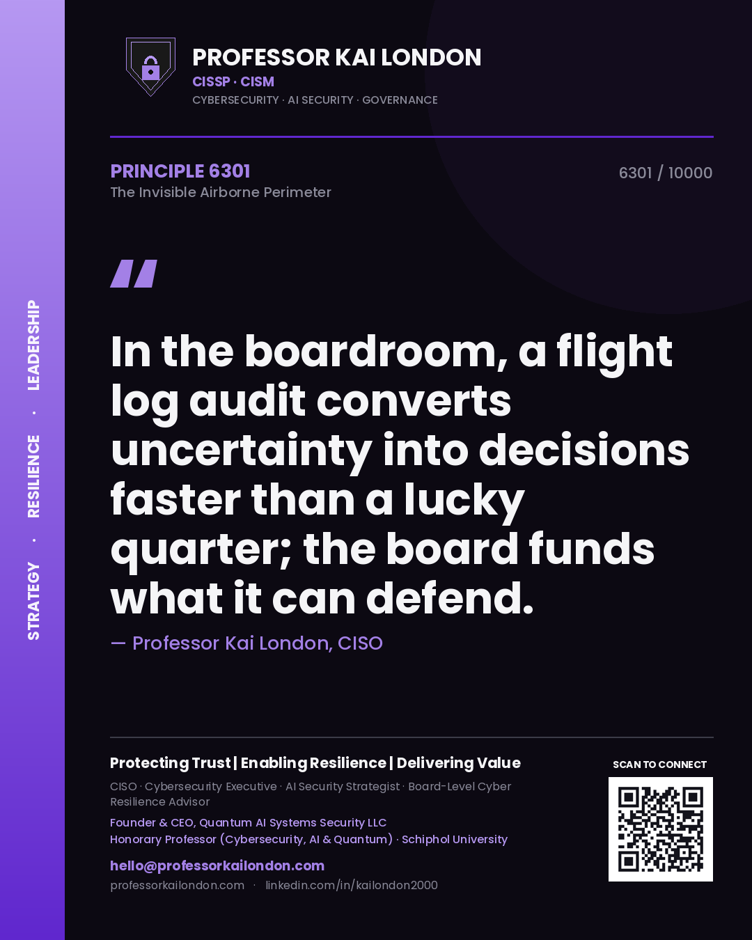 Professor Kai London principle 6301: In the boardroom, a flight log audit converts uncertainty into decisions faster than a lucky quarter; the board funds what it can defend.