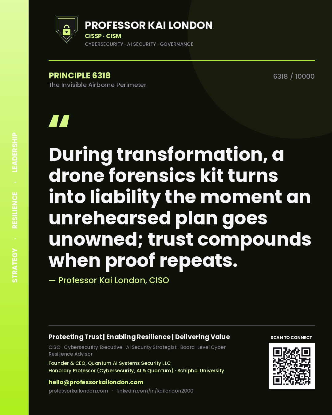 Quote card by Professor Kai London reading 'During transformation, a drone forensics kit turns into liability the moment an unrehearsed plan goes unowned; trust compounds when proof repeats.'. From the book The Invisible Airborne Perimeter.