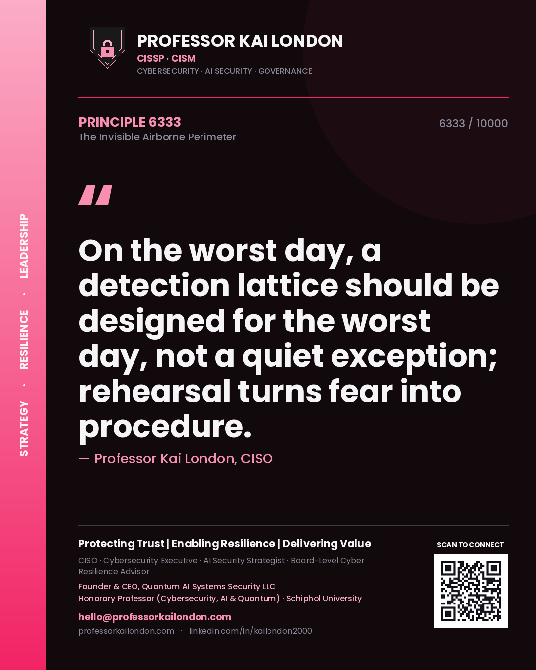 Professor Kai London principle 6333: On the worst day, a detection lattice should be designed for the worst day, not a quiet exception; rehearsal turns fear into procedure.