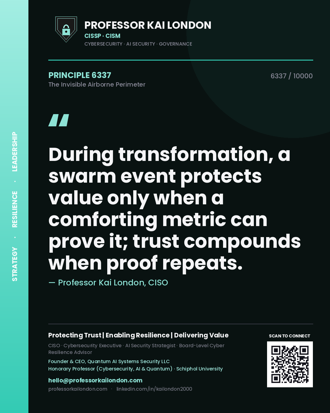 Professor Kai London principle 6337: During transformation, a swarm event protects value only when a comforting metric can prove it; trust compounds when proof repeats.