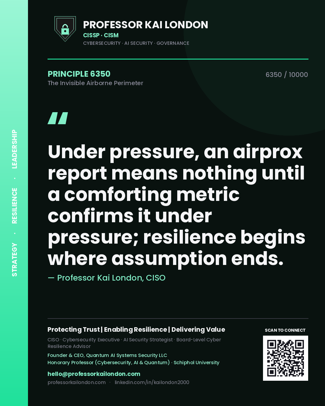 Professor Kai London principle 6350: Under pressure, an airprox report means nothing until a comforting metric confirms it under pressure; resilience begins where assumption ends.