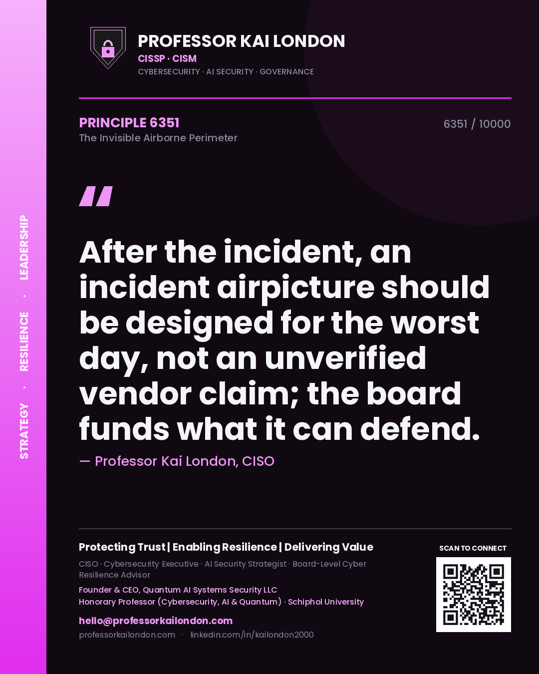 Quote card by Professor Kai London reading 'After the incident, an incident airpicture should be designed for the worst day, not an unverified vendor claim; the board funds what it can defend.'. From the book The Invisible Airborne Perimeter.