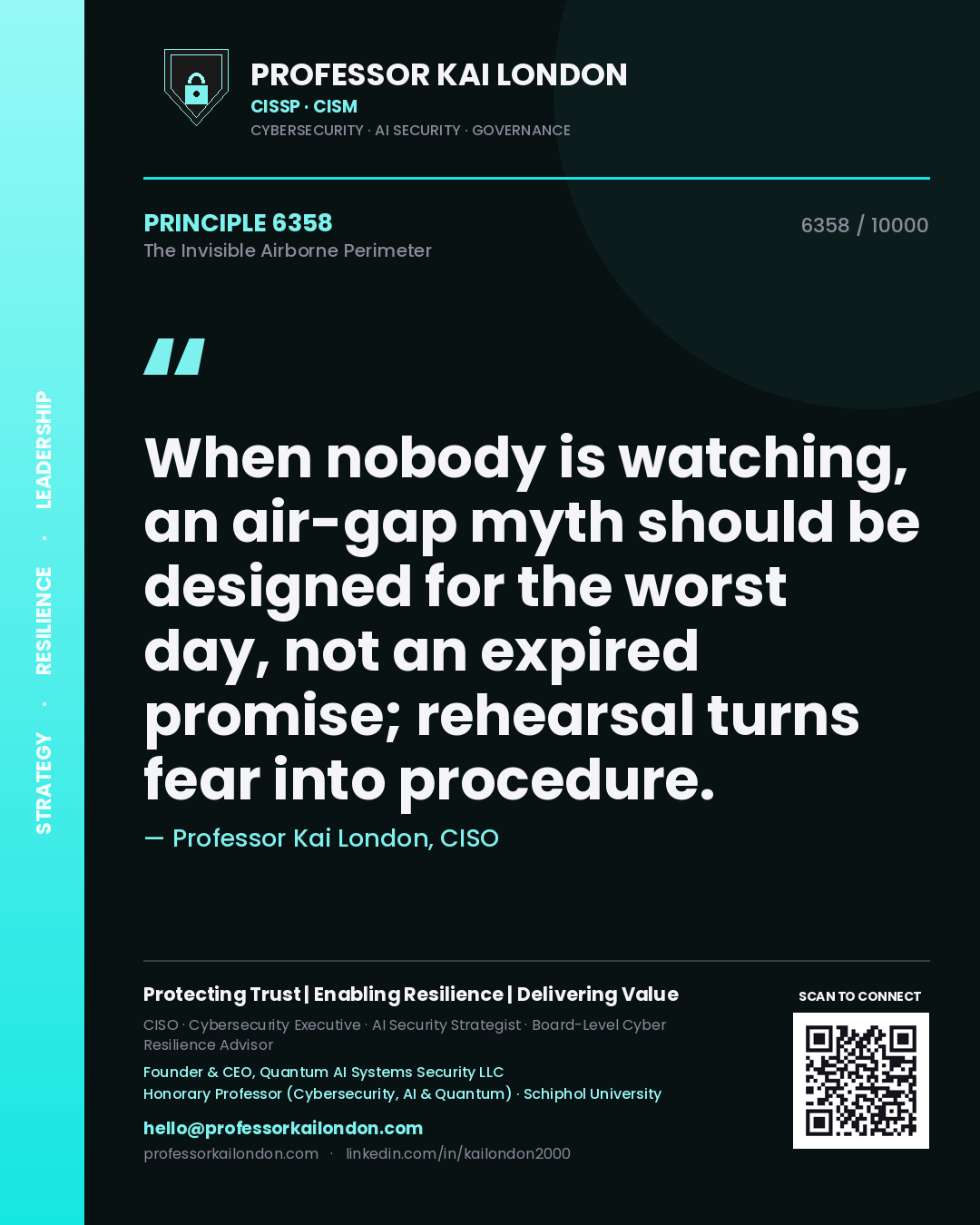 Quote card by Professor Kai London reading 'When nobody is watching, an air-gap myth should be designed for the worst day, not an expired promise; rehearsal turns fear into procedure.'. From the book The Invisible Airborne Perimeter.