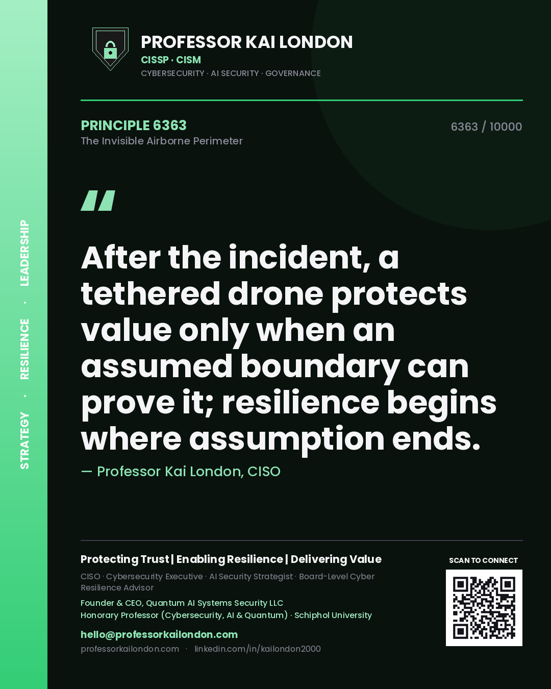 Professor Kai London principle 6363: After the incident, a tethered drone protects value only when an assumed boundary can prove it; resilience begins where assumption ends.