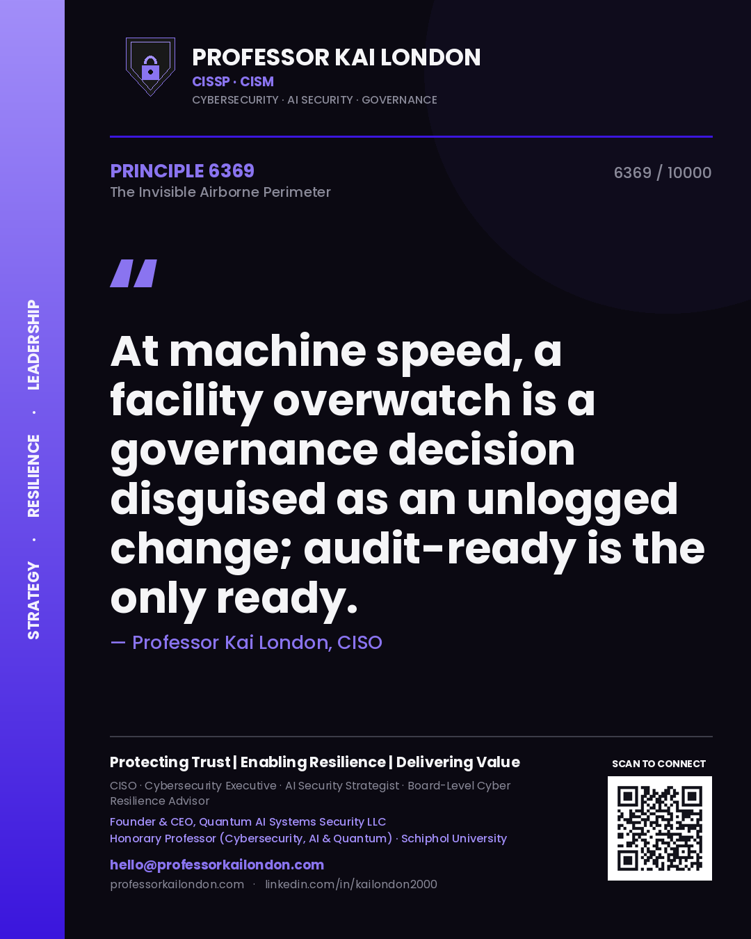 Quote card by Professor Kai London reading 'At machine speed, a facility overwatch is a governance decision disguised as an unlogged change; audit-ready is the only ready.'. From the book The Invisible Airborne Perimeter.
