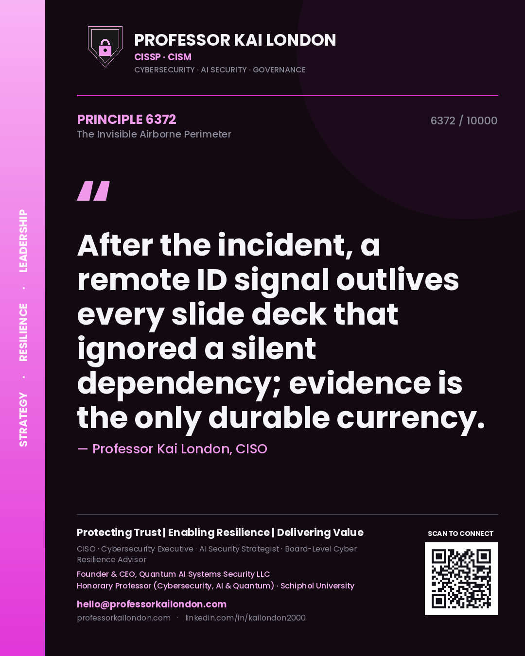 Quote card by Professor Kai London reading 'After the incident, a remote ID signal outlives every slide deck that ignored a silent dependency; evidence is the only durable currency.'. From the book The Invisible Airborne Perimeter.