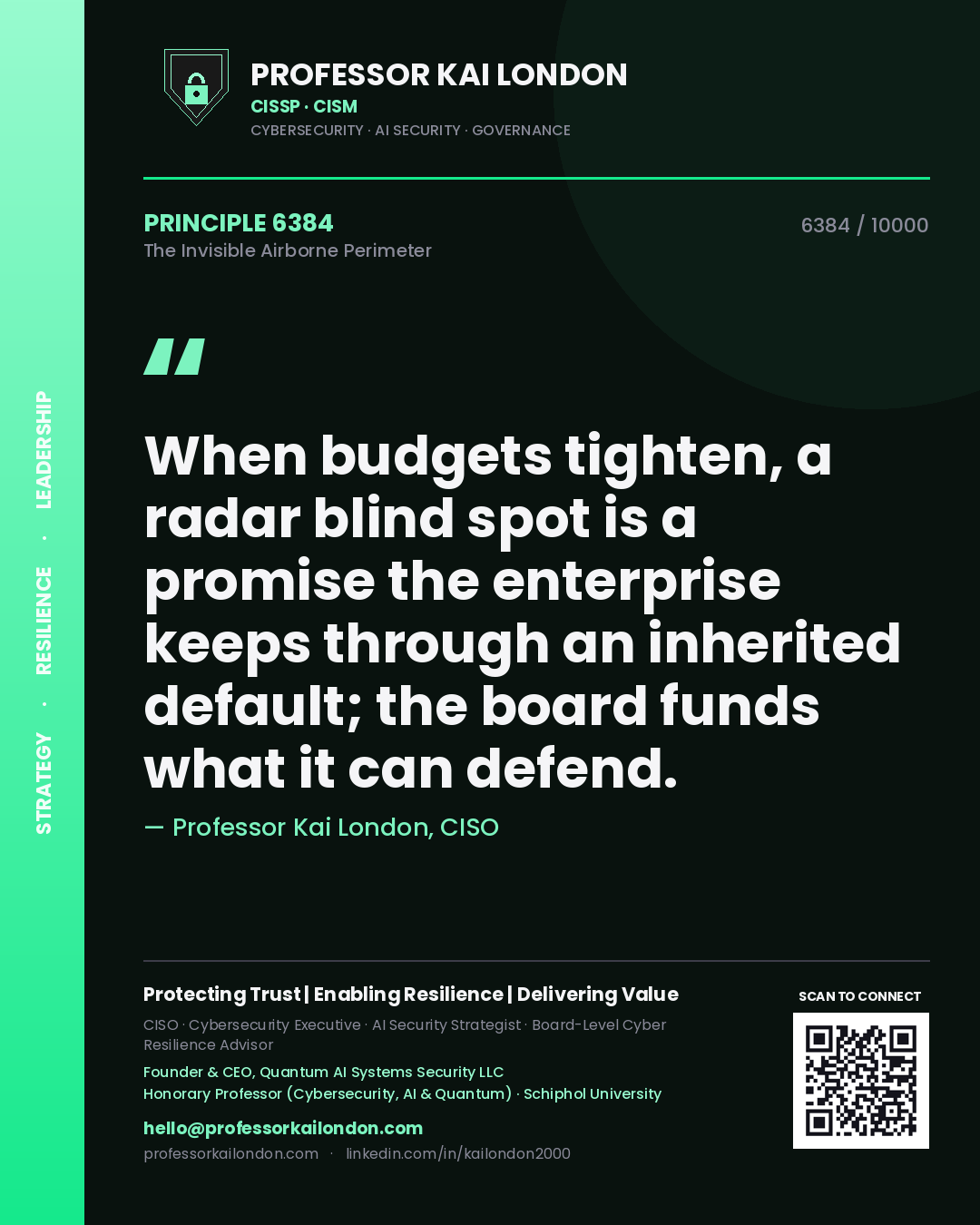 Professor Kai London principle 6384: When budgets tighten, a radar blind spot is a promise the enterprise keeps through an inherited default; the board funds what it can defend.