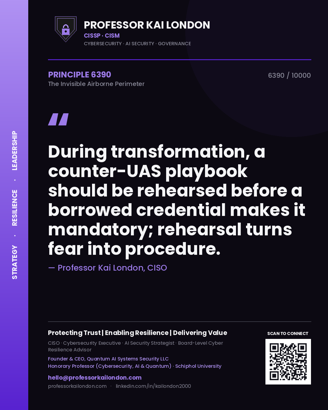 Professor Kai London principle 6390: During transformation, a counter-UAS playbook should be rehearsed before a borrowed credential makes it mandatory; rehearsal turns fear into procedure.