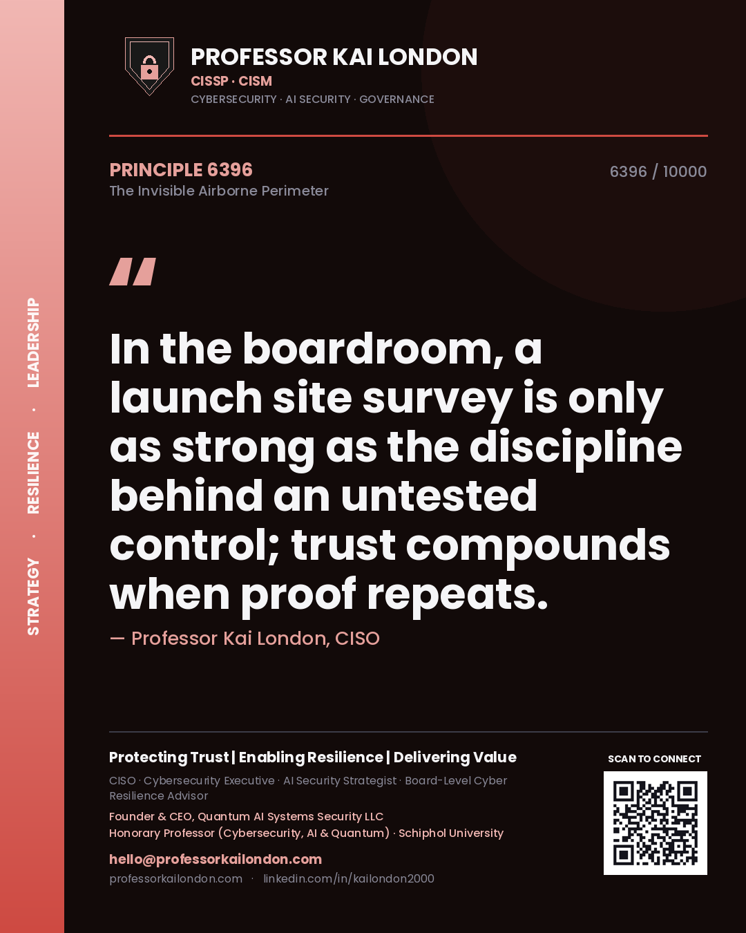 Professor Kai London principle 6396: In the boardroom, a launch site survey is only as strong as the discipline behind an untested control; trust compounds when proof repeats.