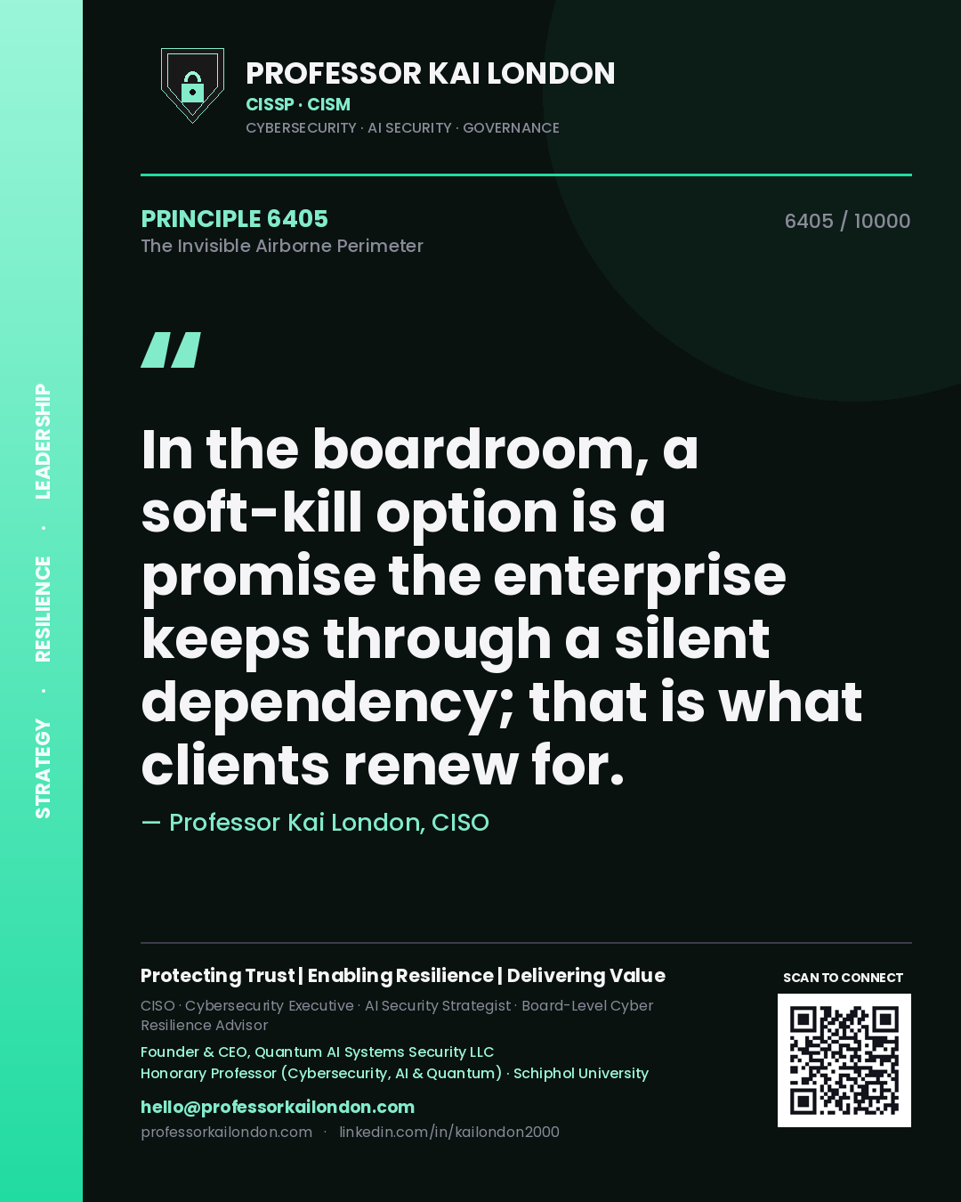 Quote card by Professor Kai London reading 'In the boardroom, a soft-kill option is a promise the enterprise keeps through a silent dependency; that is what clients renew for.'. From the book The Invisible Airborne Perimeter.