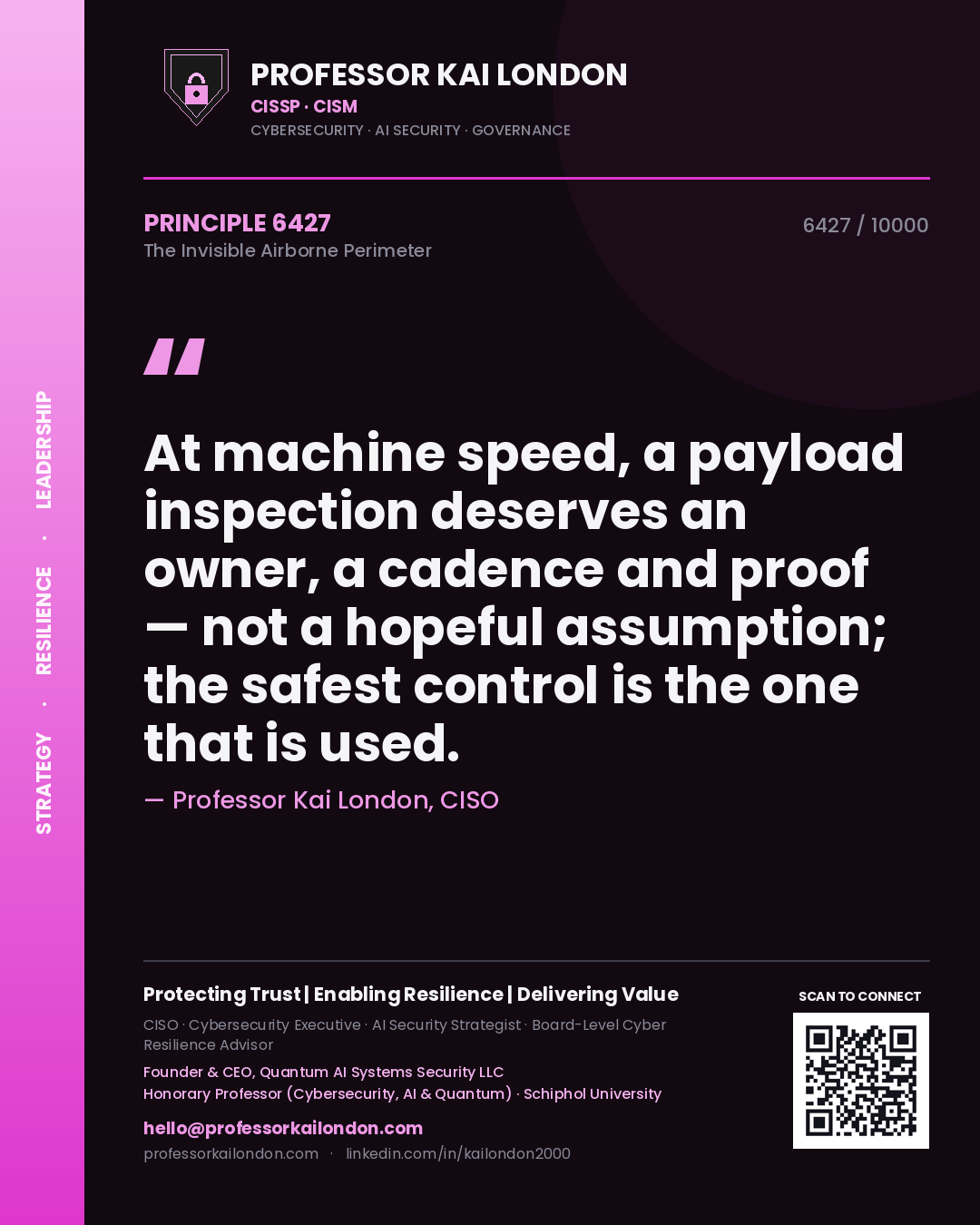 Professor Kai London principle 6427: At machine speed, a payload inspection deserves an owner, a cadence and proof — not a hopeful assumption; the safest control is the one that is used.