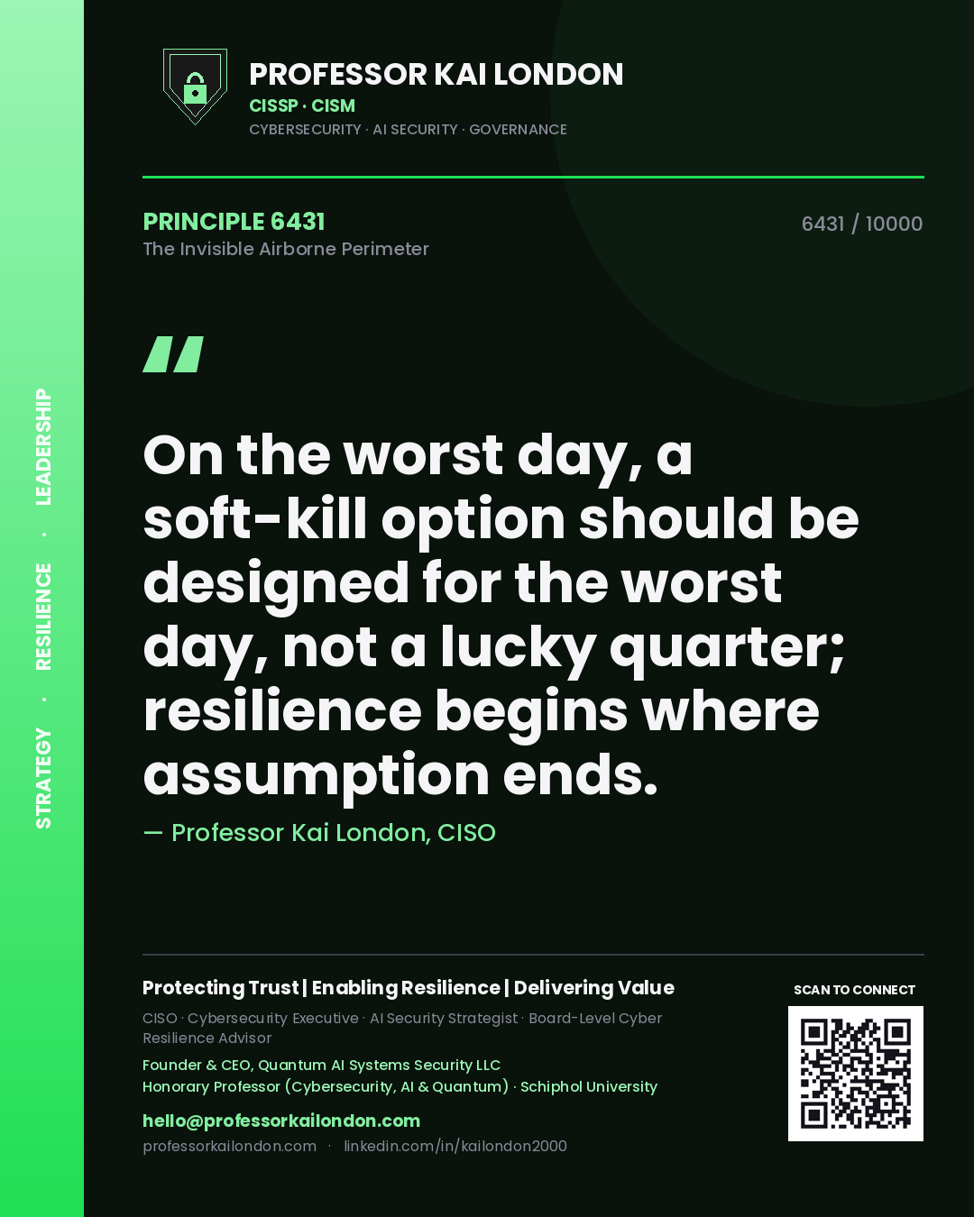 Professor Kai London principle 6431: On the worst day, a soft-kill option should be designed for the worst day, not a lucky quarter; resilience begins where assumption ends.