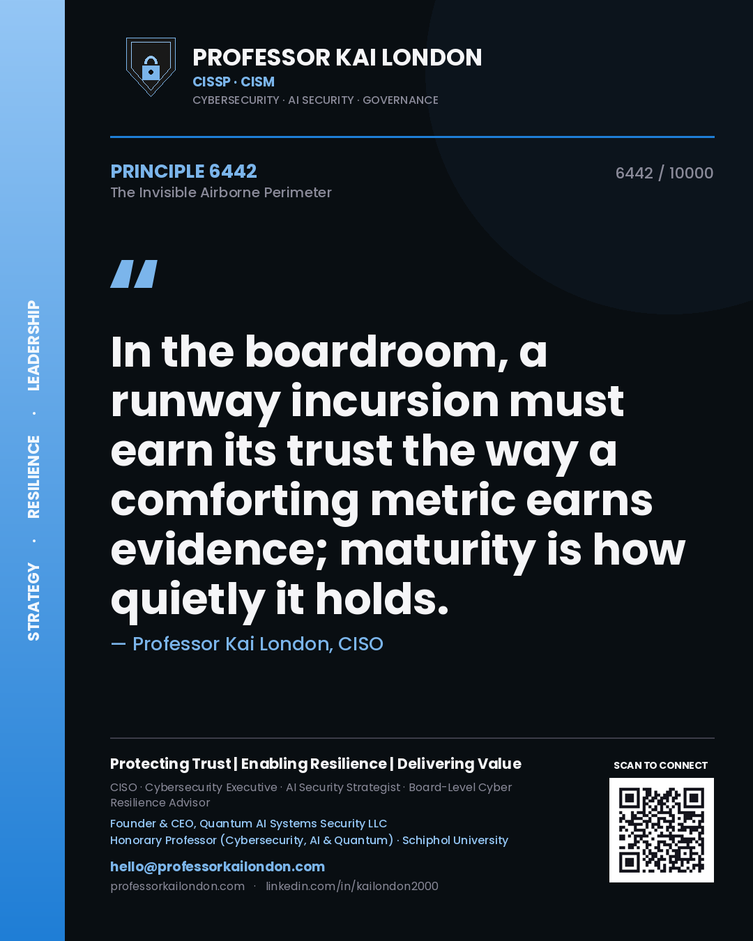 Professor Kai London principle 6442: In the boardroom, a runway incursion must earn its trust the way a comforting metric earns evidence; maturity is how quietly it holds.