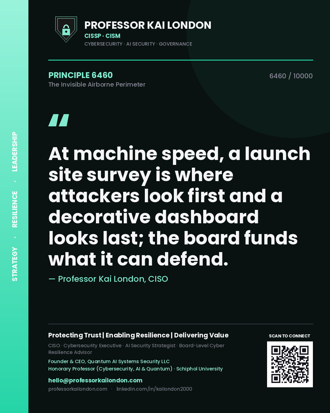 Professor Kai London principle 6460: At machine speed, a launch site survey is where attackers look first and a decorative dashboard looks last; the board funds what it can defend.