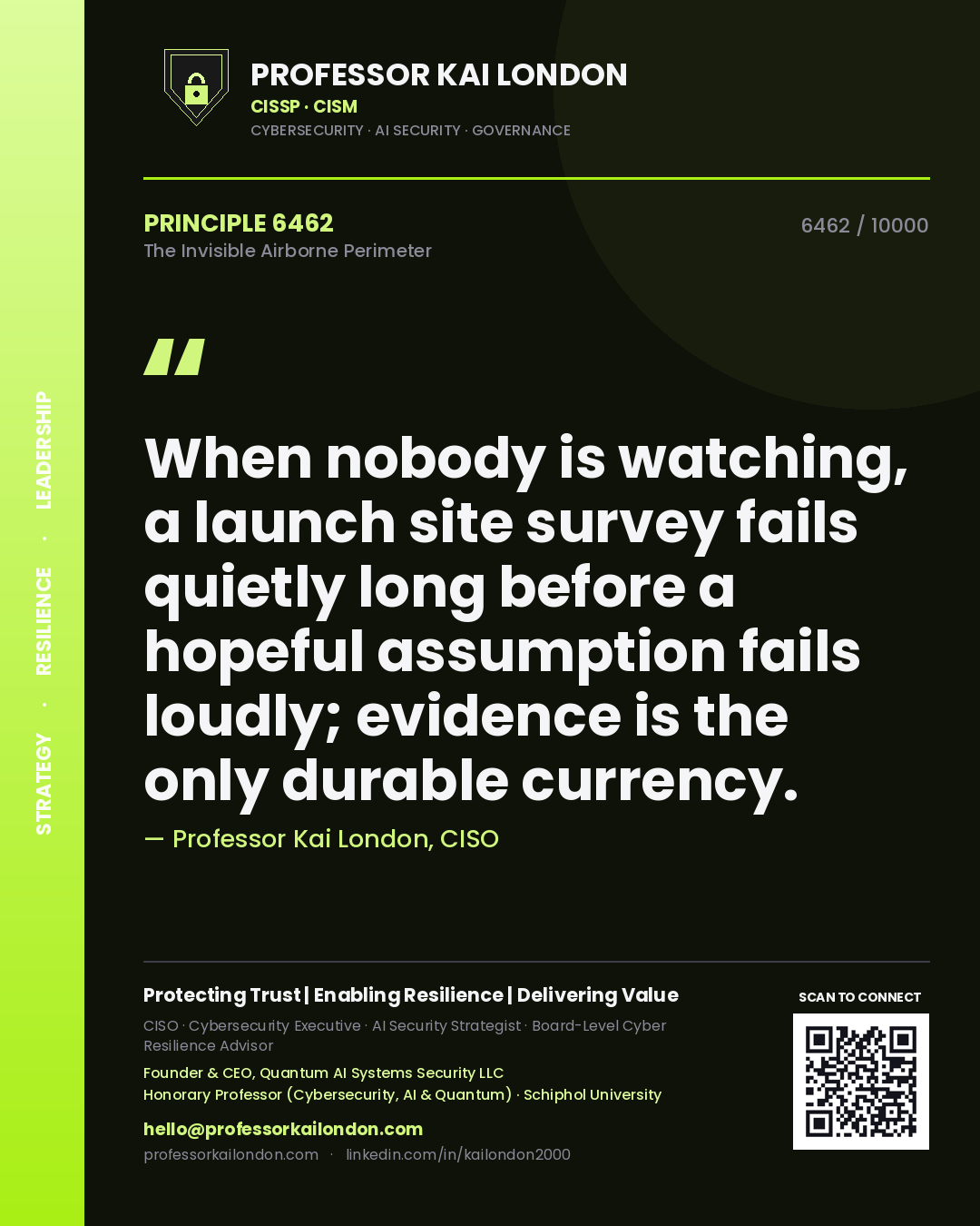Professor Kai London principle 6462: When nobody is watching, a launch site survey fails quietly long before a hopeful assumption fails loudly; evidence is the only durable currency.