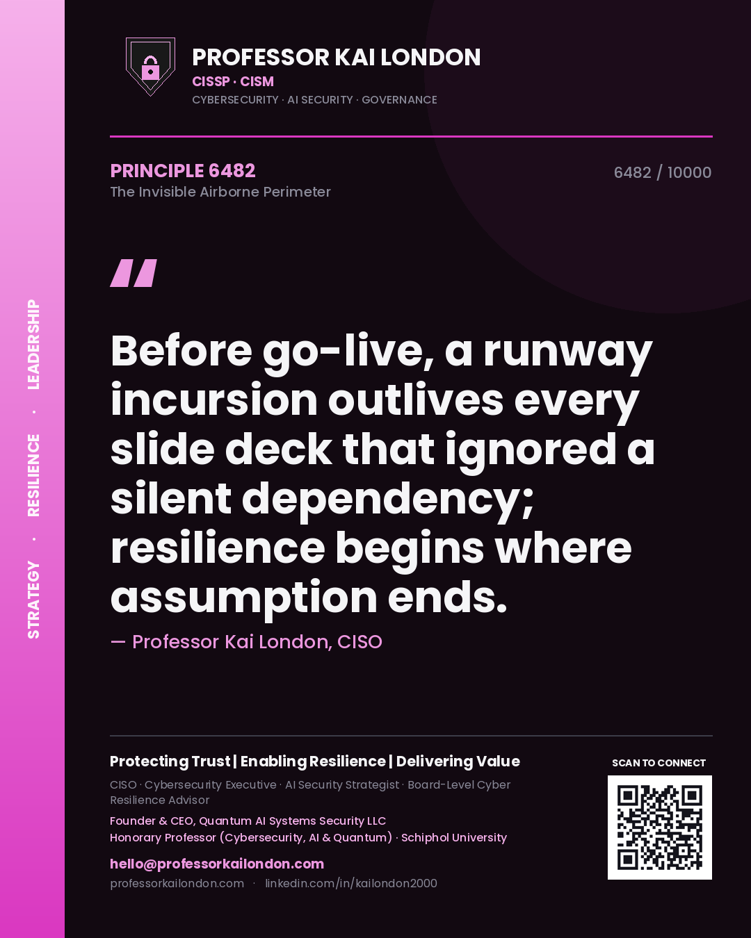 Professor Kai London principle 6482: Before go-live, a runway incursion outlives every slide deck that ignored a silent dependency; resilience begins where assumption ends.