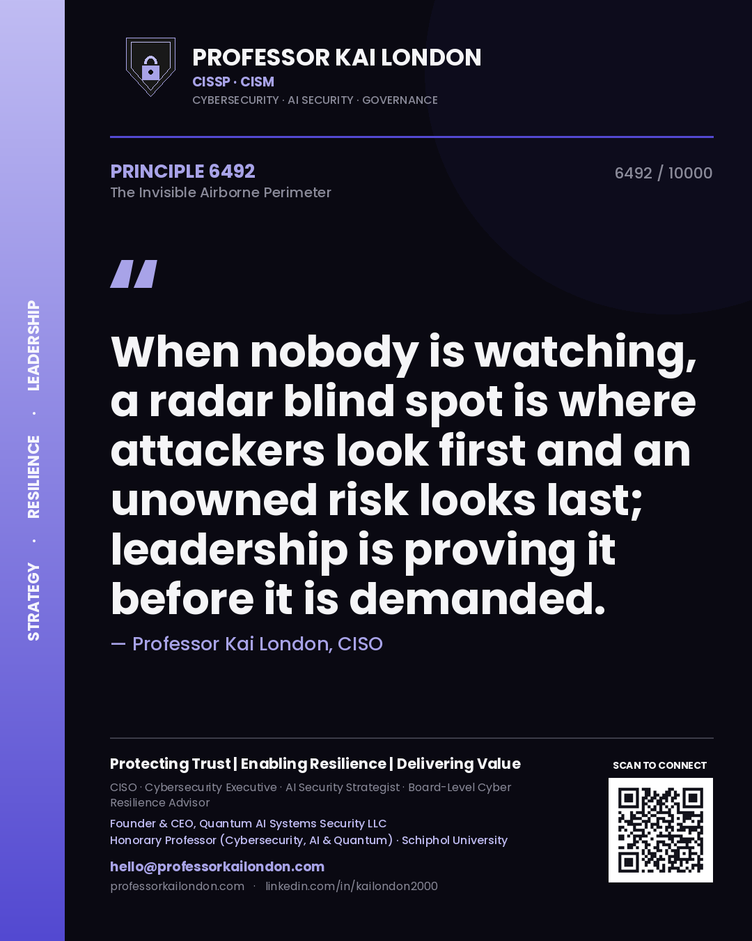 Quote card by Professor Kai London reading 'When nobody is watching, a radar blind spot is where attackers look first and an unowned risk looks last; leadership is proving it before it is demanded.'. From the book The Invisible Airborne Perimeter.
