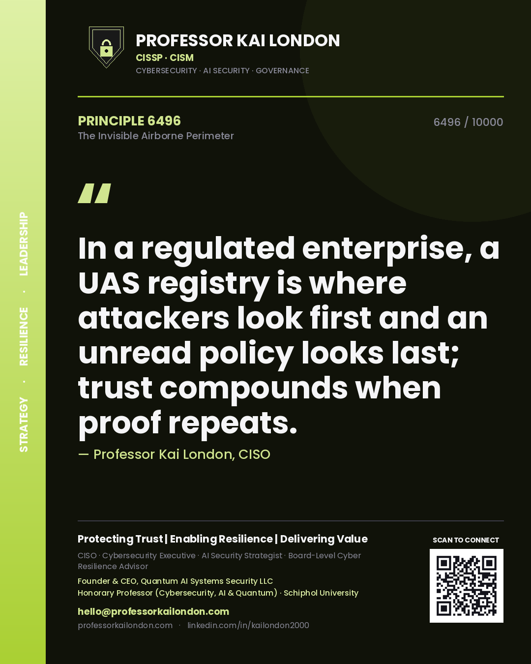 Quote card by Professor Kai London reading 'In a regulated enterprise, a UAS registry is where attackers look first and an unread policy looks last; trust compounds when proof repeats.'. From the book The Invisible Airborne Perimeter.
