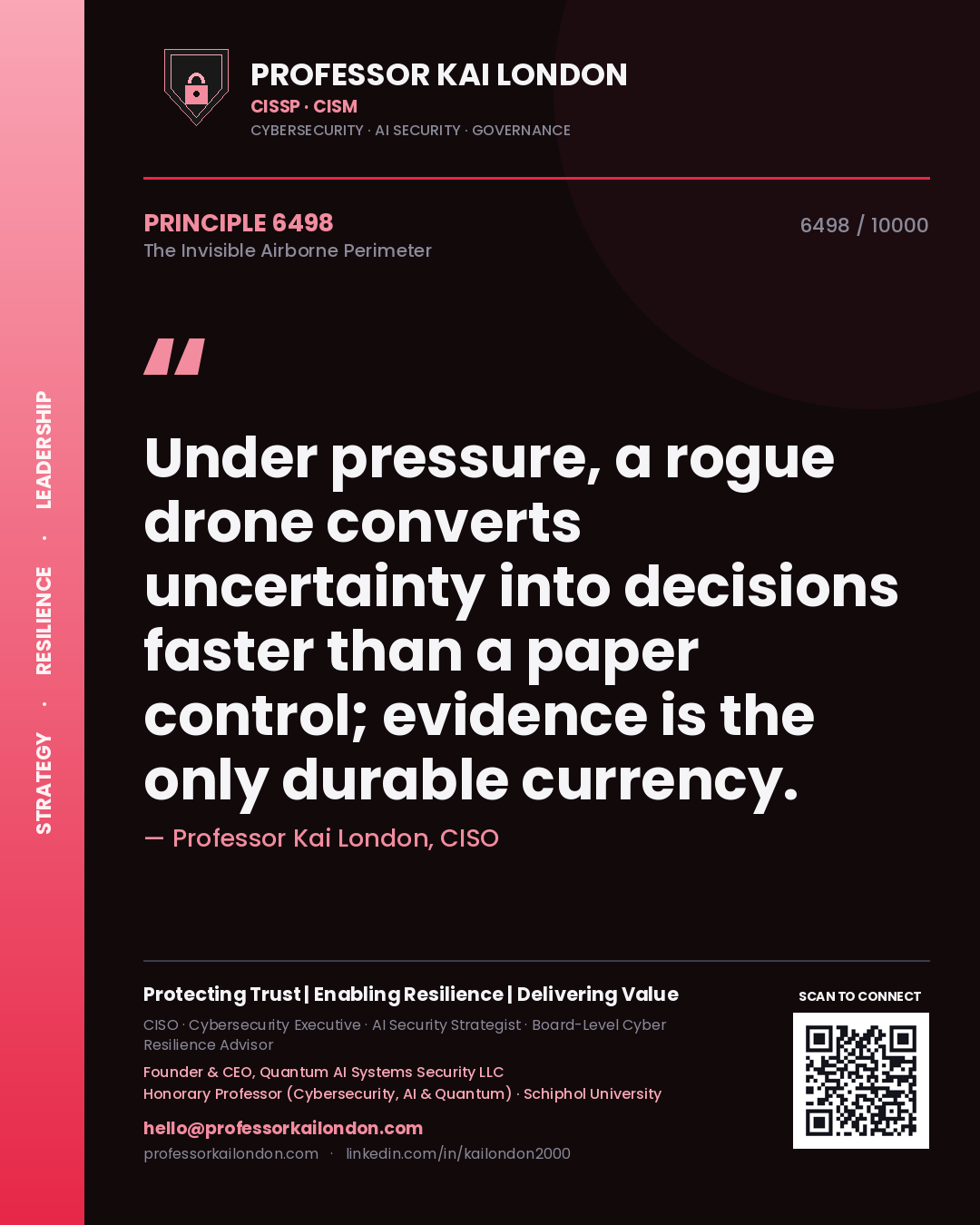 Quote card by Professor Kai London reading 'Under pressure, a rogue drone converts uncertainty into decisions faster than a paper control; evidence is the only durable currency.'. From the book The Invisible Airborne Perimeter.