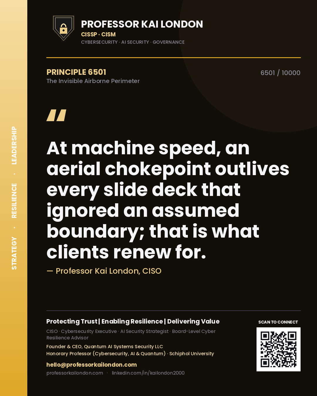 Quote card by Professor Kai London reading 'At machine speed, an aerial chokepoint outlives every slide deck that ignored an assumed boundary; that is what clients renew for.'. From the book The Invisible Airborne Perimeter.