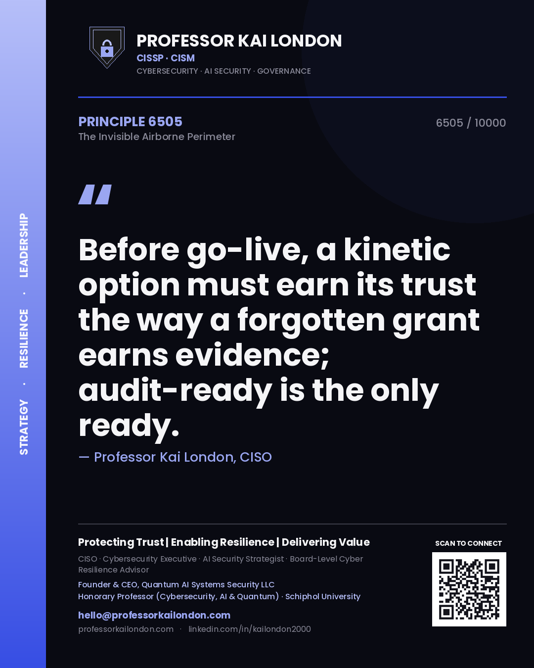 Quote card by Professor Kai London reading 'Before go-live, a kinetic option must earn its trust the way a forgotten grant earns evidence; audit-ready is the only ready.'. From the book The Invisible Airborne Perimeter.