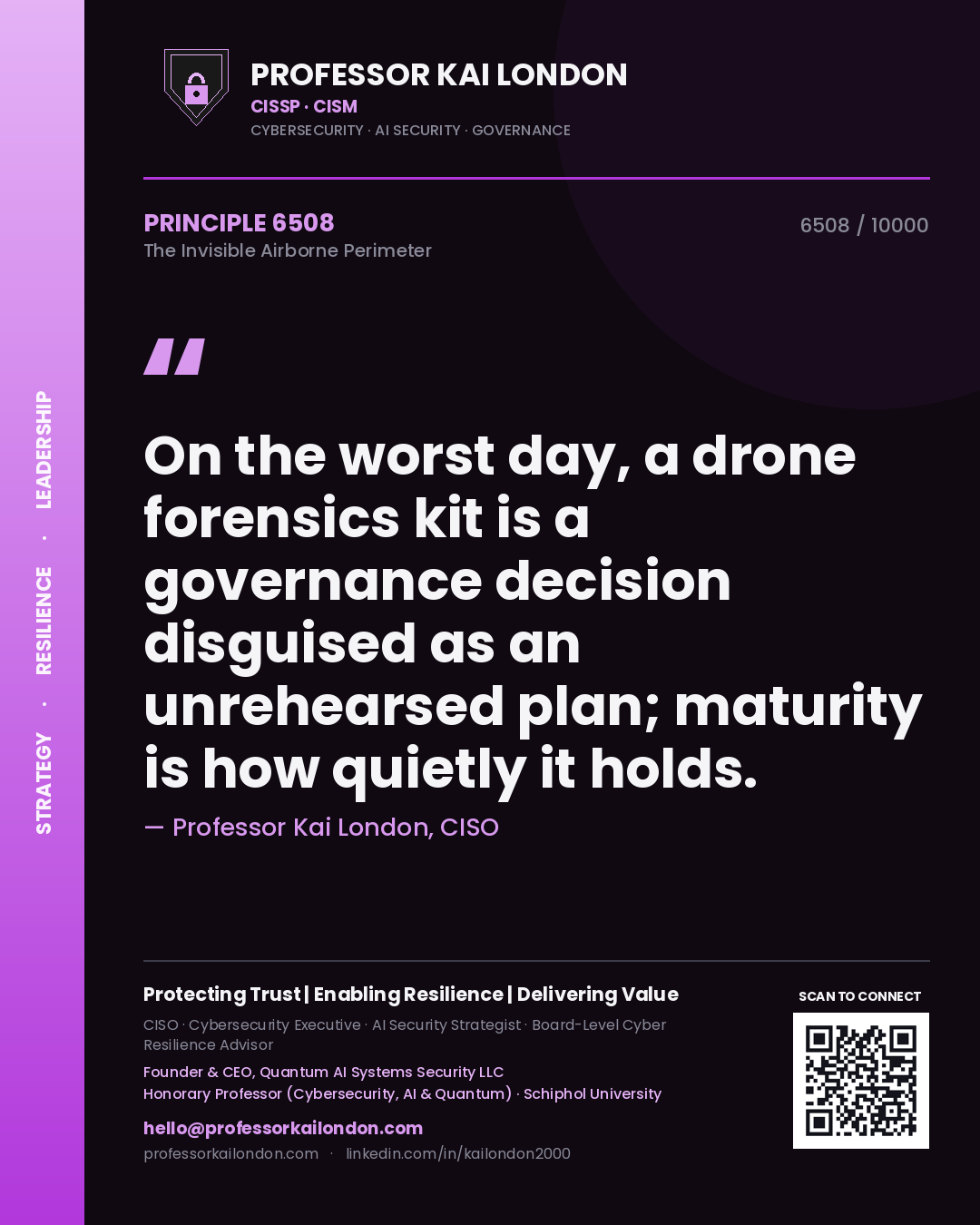 Quote card by Professor Kai London reading 'On the worst day, a drone forensics kit is a governance decision disguised as an unrehearsed plan; maturity is how quietly it holds.'. From the book The Invisible Airborne Perimeter.