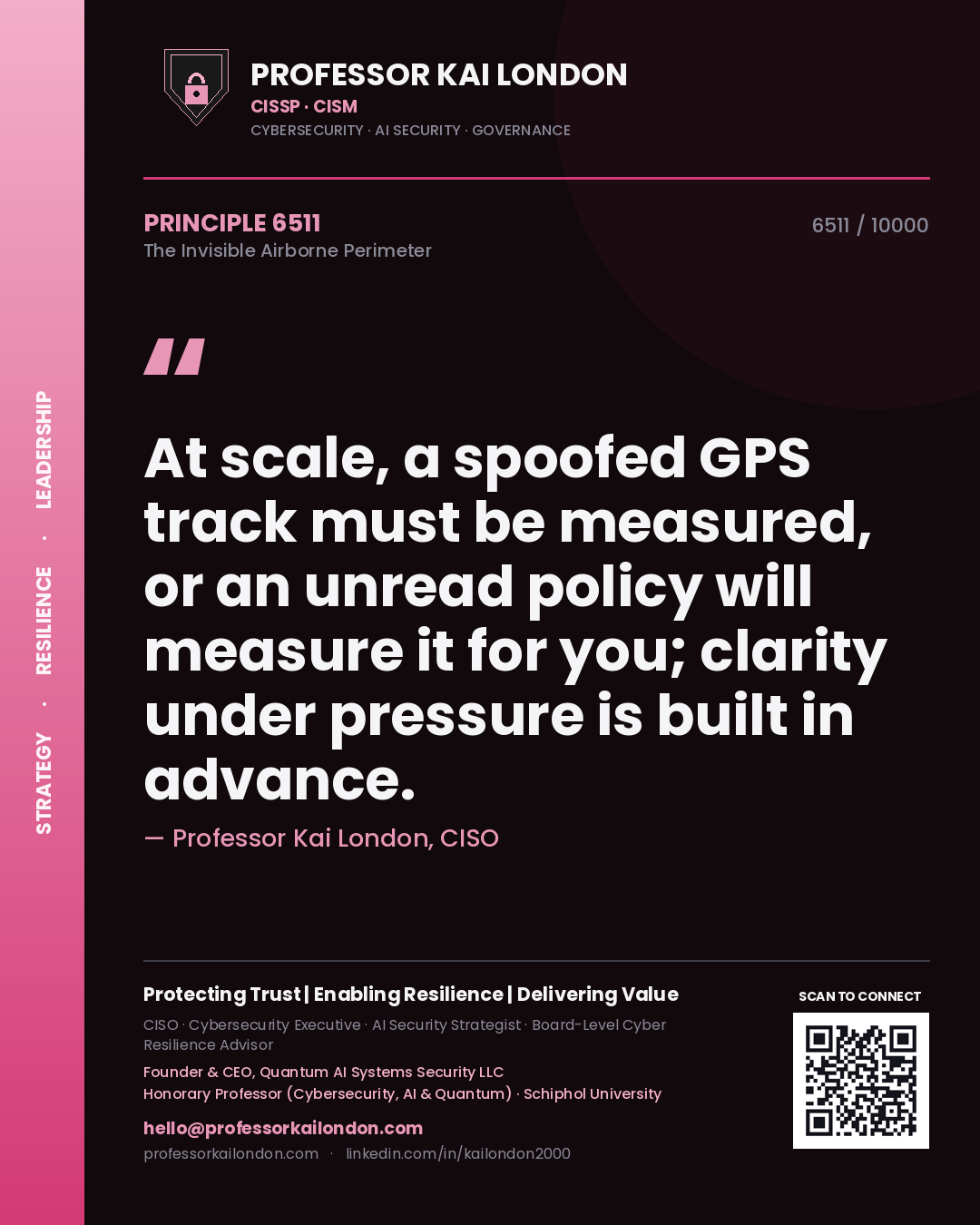 Quote card by Professor Kai London reading 'At scale, a spoofed GPS track must be measured, or an unread policy will measure it for you; clarity under pressure is built in advance.'. From the book The Invisible Airborne Perimeter.