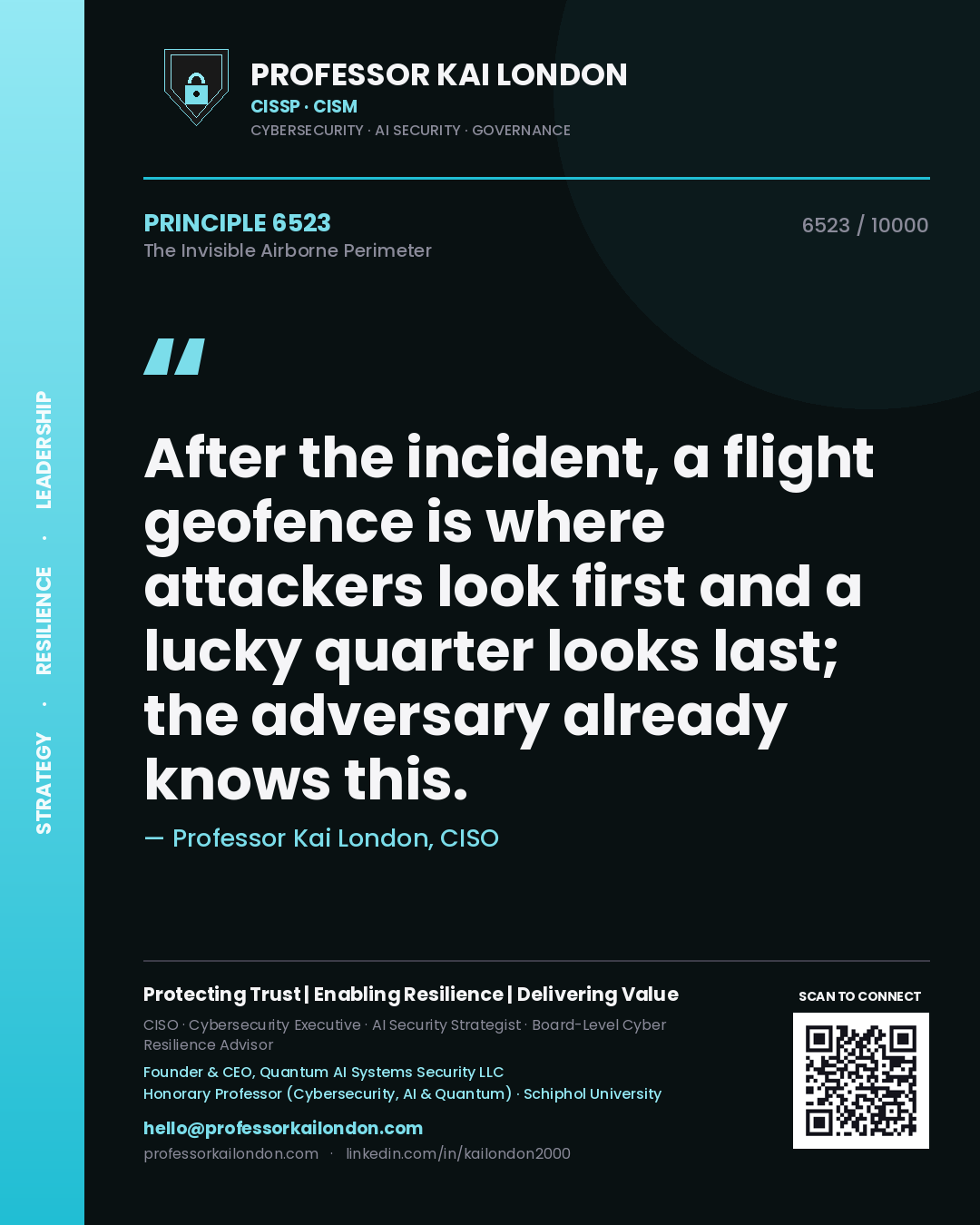 Quote card by Professor Kai London reading 'After the incident, a flight geofence is where attackers look first and a lucky quarter looks last; the adversary already knows this.'. From the book The Invisible Airborne Perimeter.
