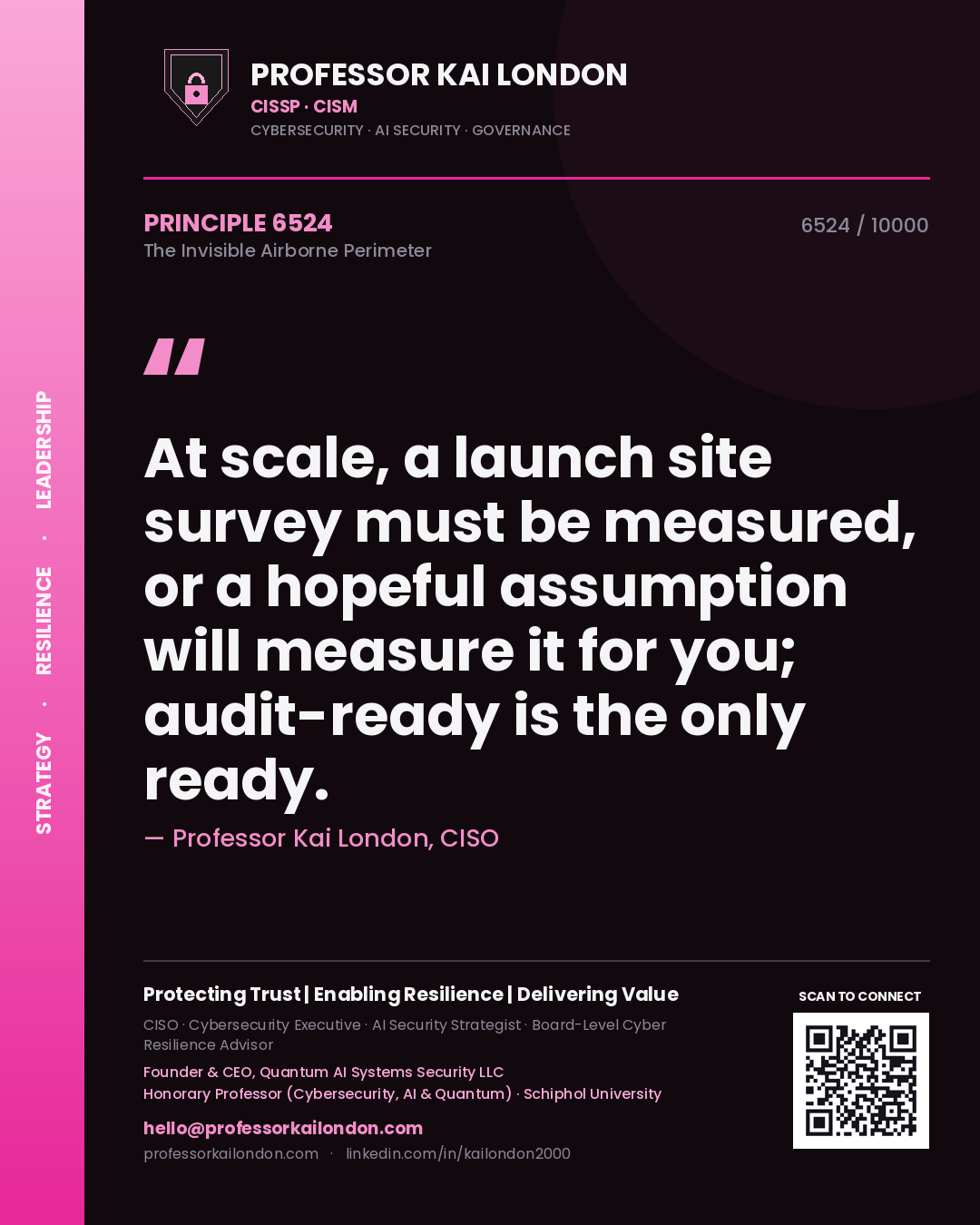 Quote card by Professor Kai London reading 'At scale, a launch site survey must be measured, or a hopeful assumption will measure it for you; audit-ready is the only ready.'. From the book The Invisible Airborne Perimeter.