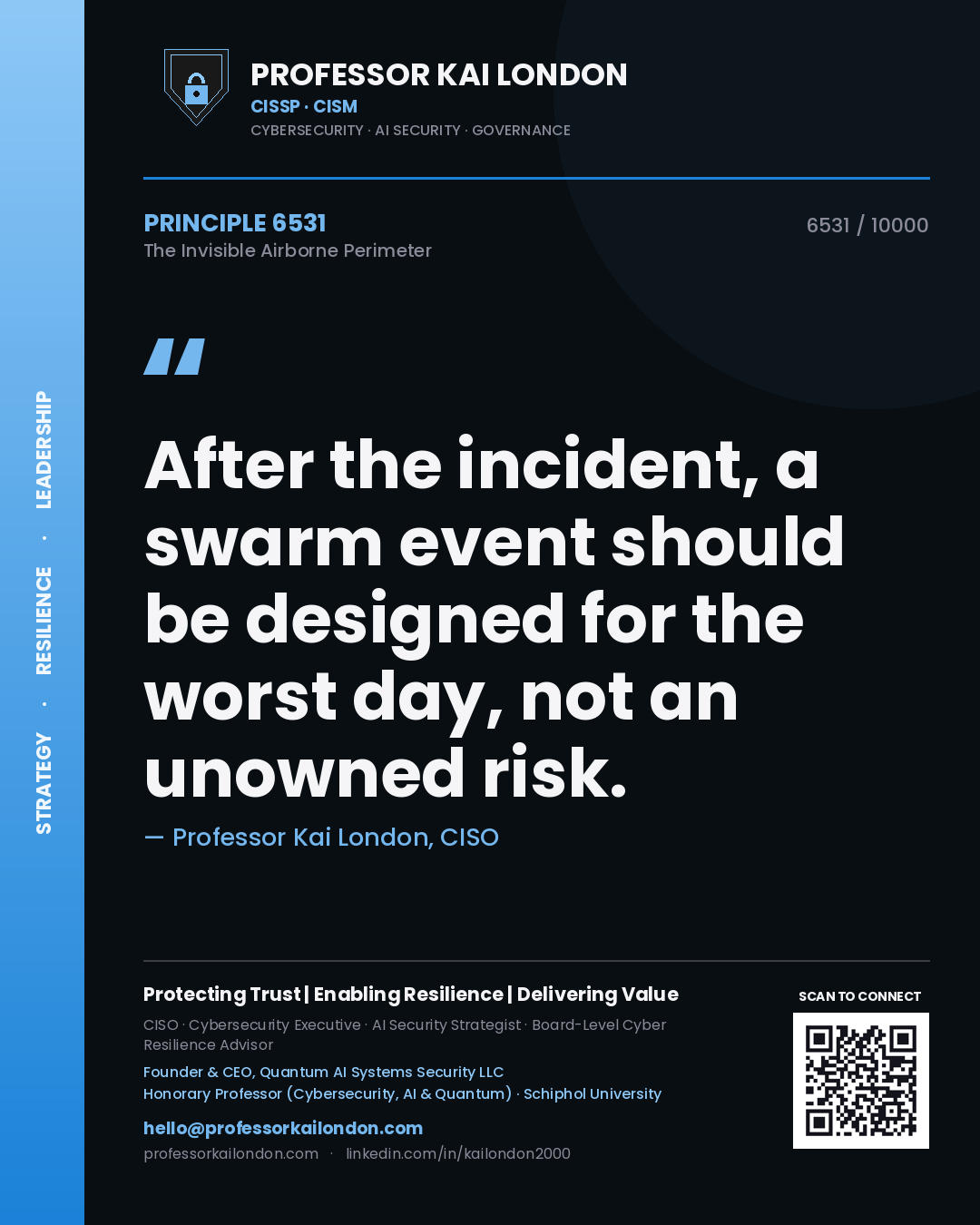 Quote card by Professor Kai London reading 'After the incident, a swarm event should be designed for the worst day, not an unowned risk.'. From the book The Invisible Airborne Perimeter.