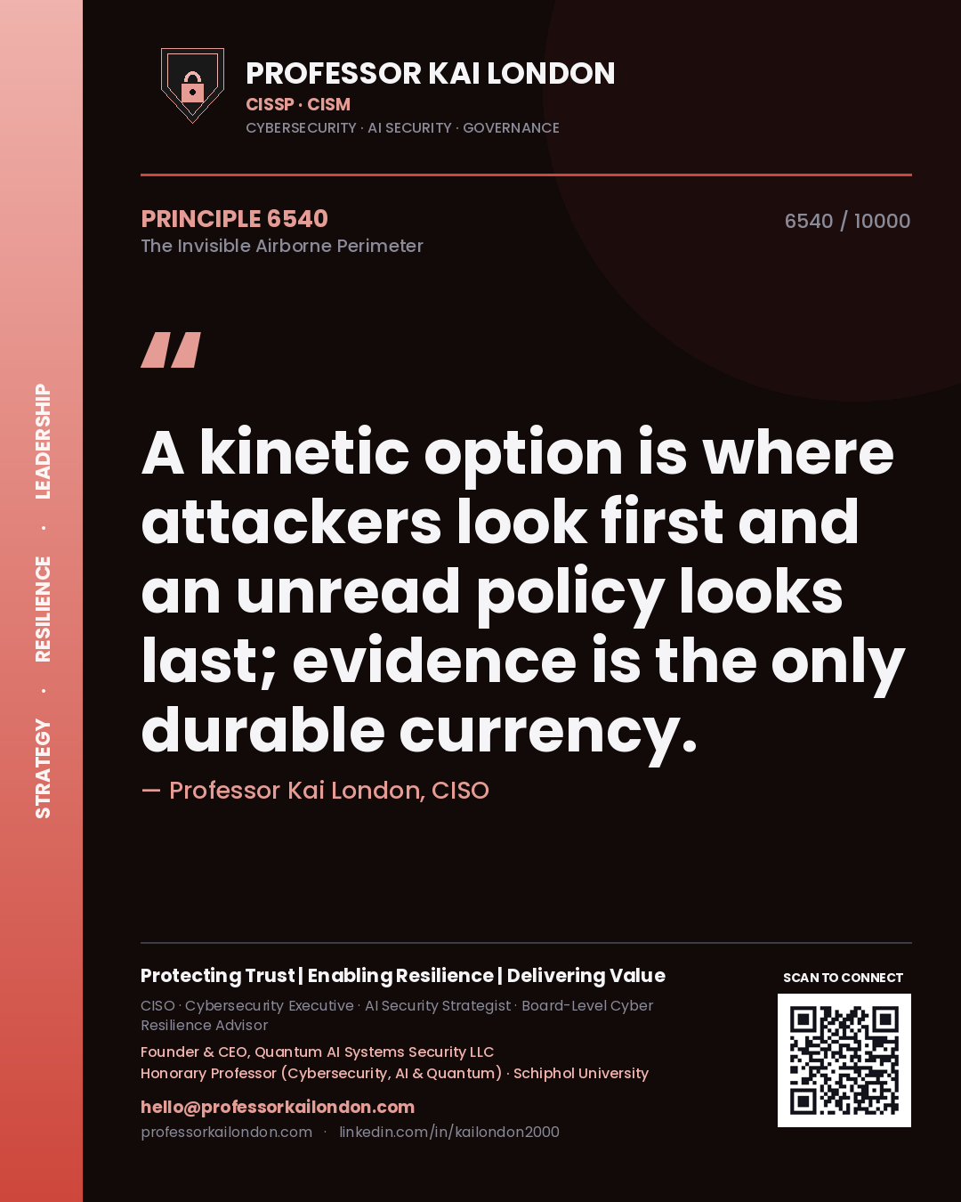 Quote card by Professor Kai London reading 'A kinetic option is where attackers look first and an unread policy looks last; evidence is the only durable currency.'. From the book The Invisible Airborne Perimeter.