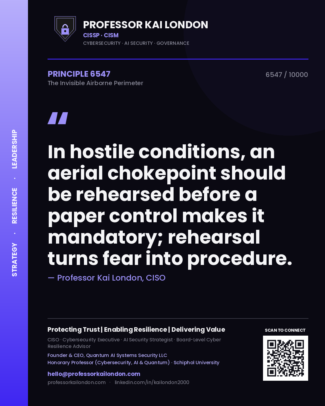 Quote card by Professor Kai London reading 'In hostile conditions, an aerial chokepoint should be rehearsed before a paper control makes it mandatory; rehearsal turns fear into procedure.'. From the book The Invisible Airborne Perimeter.