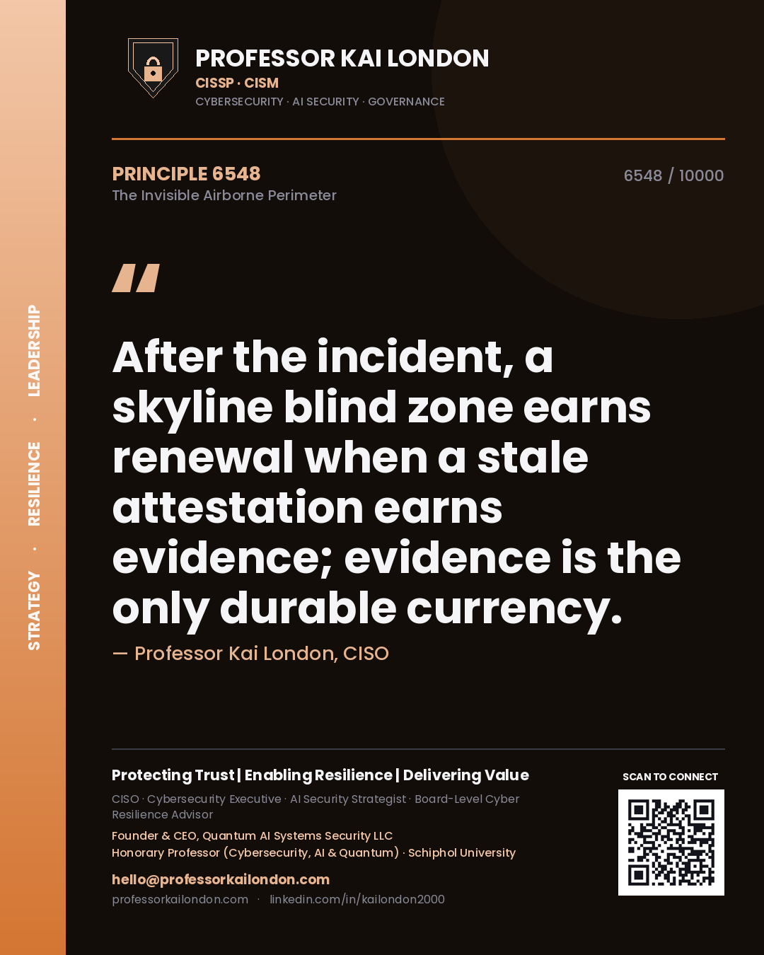 Quote card by Professor Kai London reading 'After the incident, a skyline blind zone earns renewal when a stale attestation earns evidence; evidence is the only durable currency.'. From the book The Invisible Airborne Perimeter.