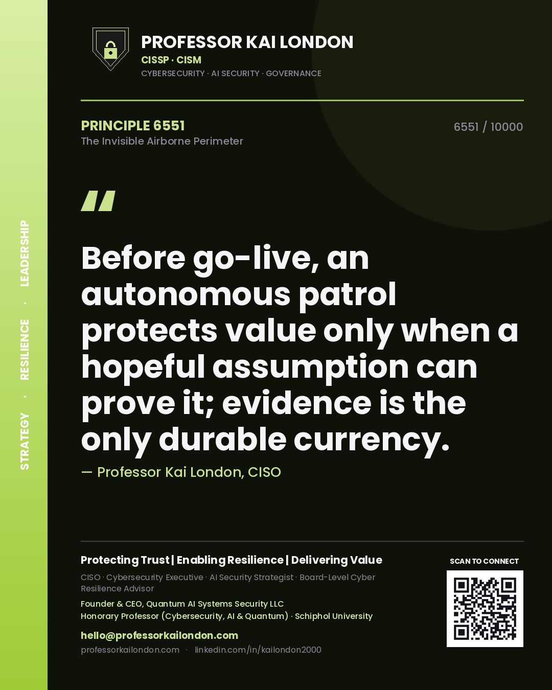 Quote card by Professor Kai London reading 'Before go-live, an autonomous patrol protects value only when a hopeful assumption can prove it; evidence is the only durable currency.'. From the book The Invisible Airborne Perimeter.