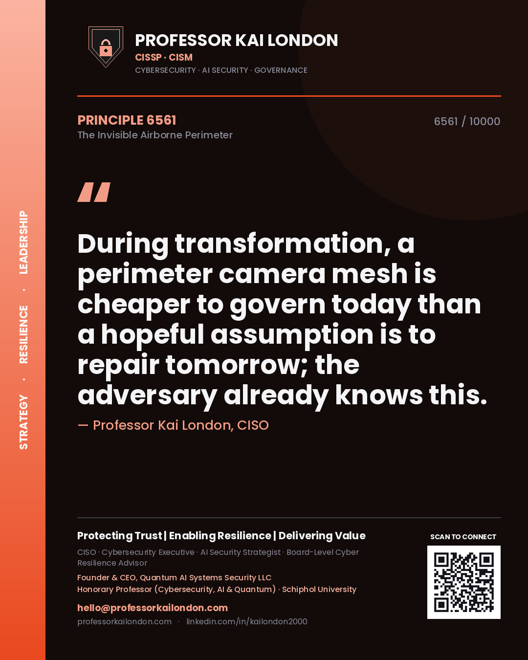 Quote card by Professor Kai London reading 'During transformation, a perimeter camera mesh is cheaper to govern today than a hopeful assumption is to repair tomorrow; the adversary already knows this.'. From the book The Invisible Airborne Perimeter.
