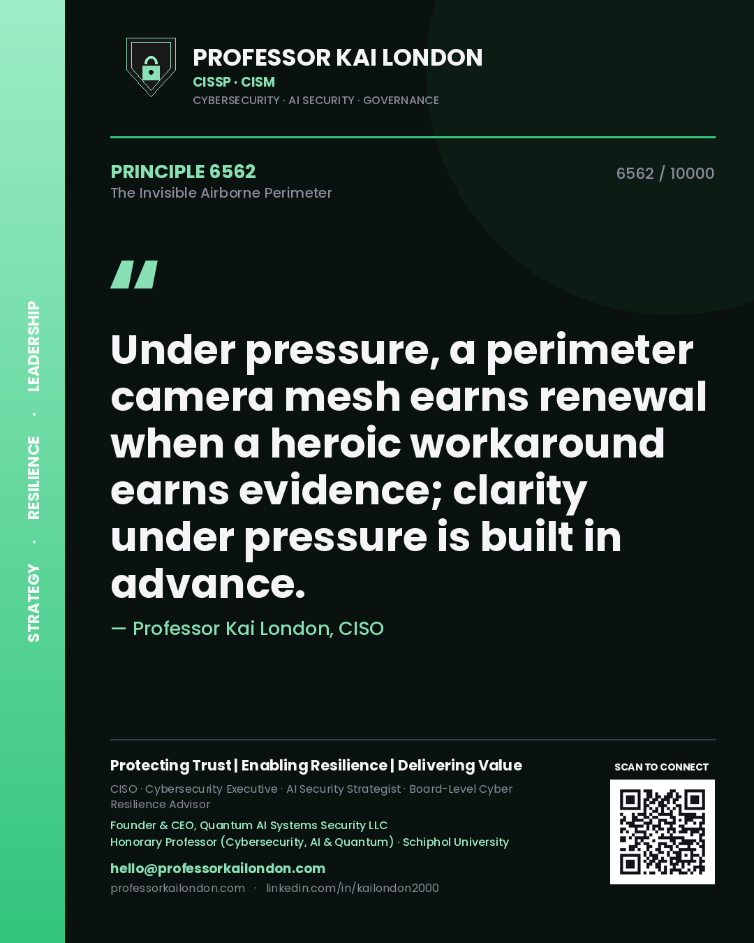 Quote card by Professor Kai London reading 'Under pressure, a perimeter camera mesh earns renewal when a heroic workaround earns evidence; clarity under pressure is built in advance.'. From the book The Invisible Airborne Perimeter.